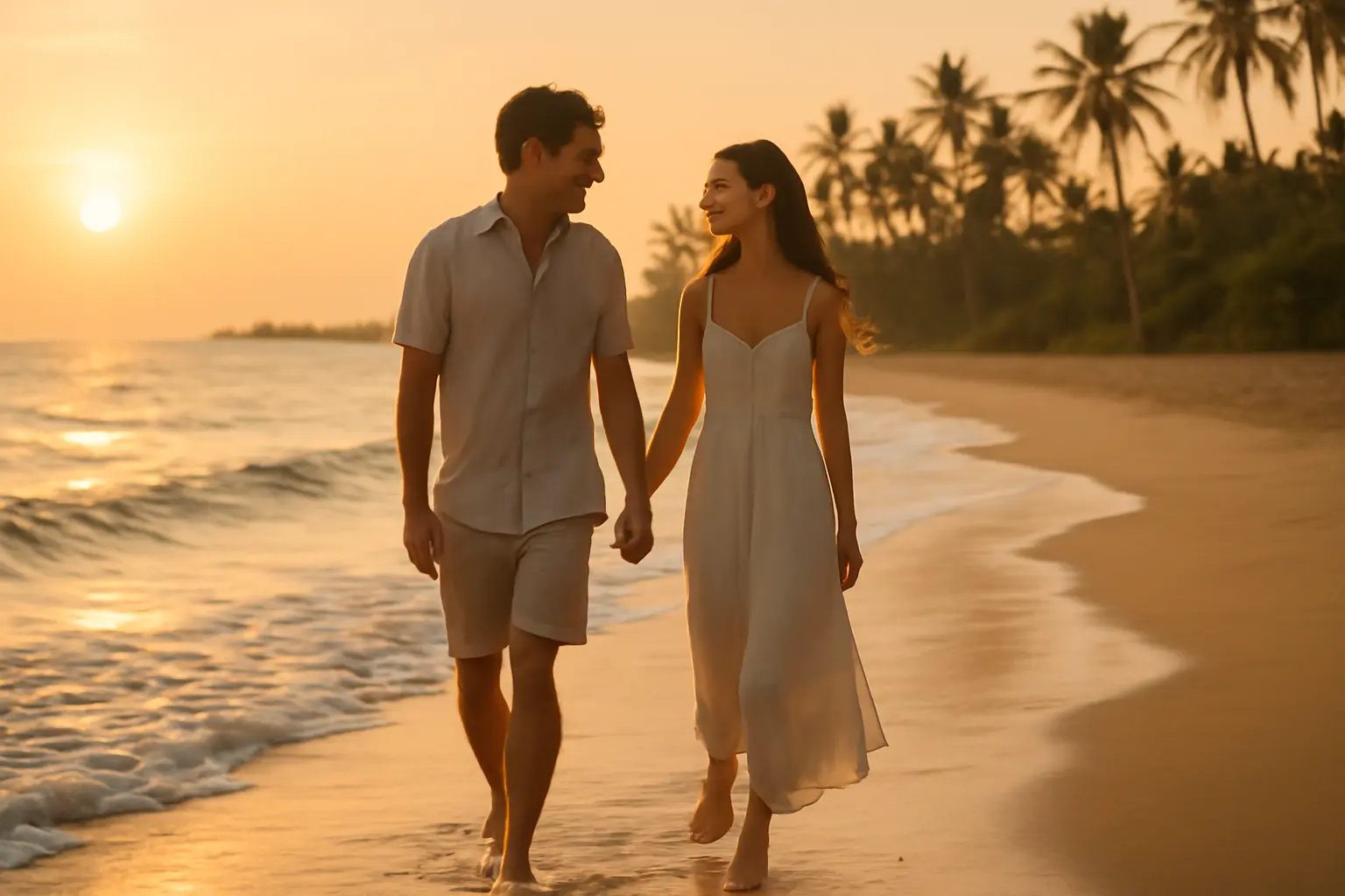 Couple holding hands and walking barefoot along the beach at sunset during a vacation.