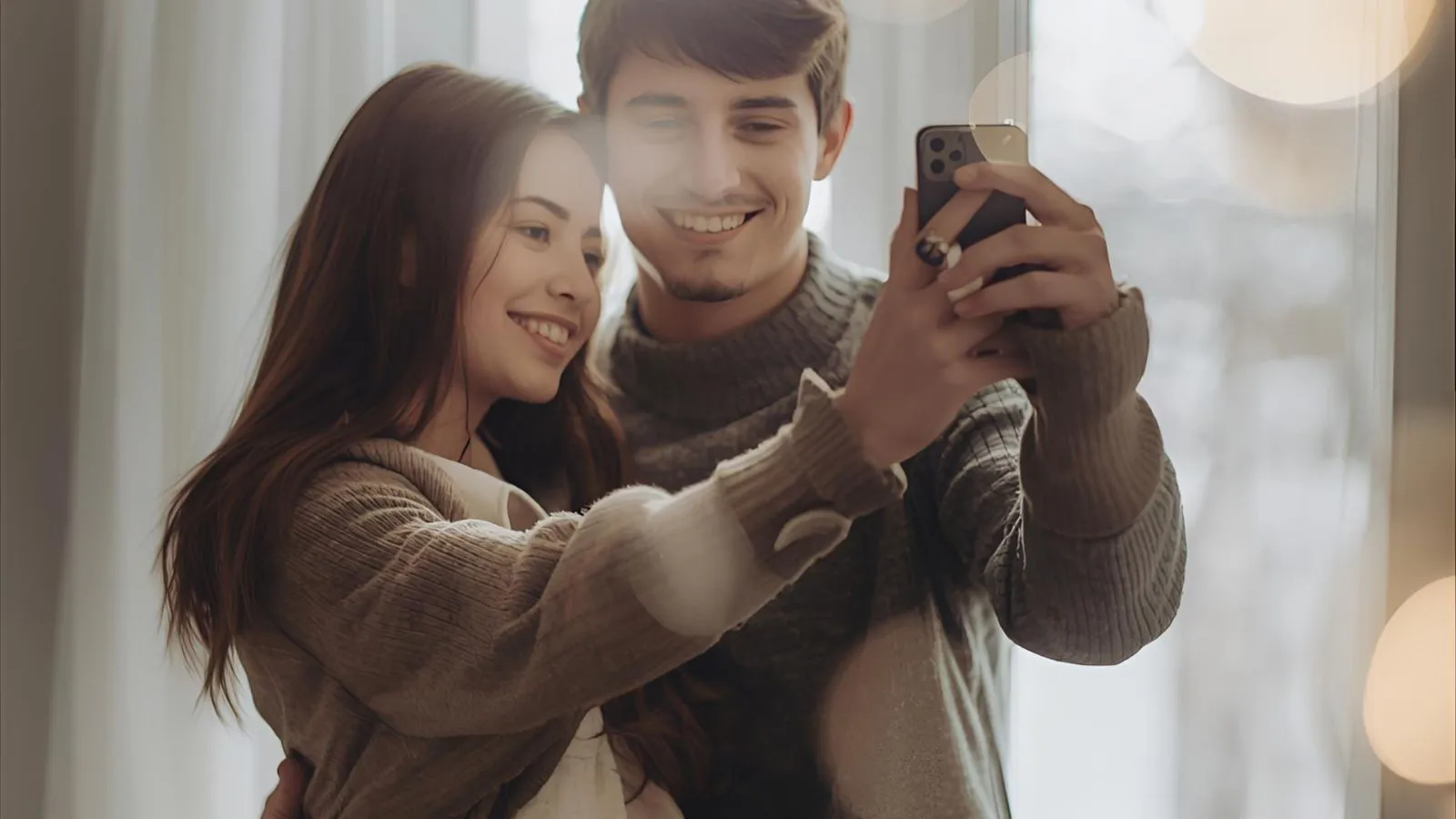 Cozy couple selfie in window light with soft background bokeh.
