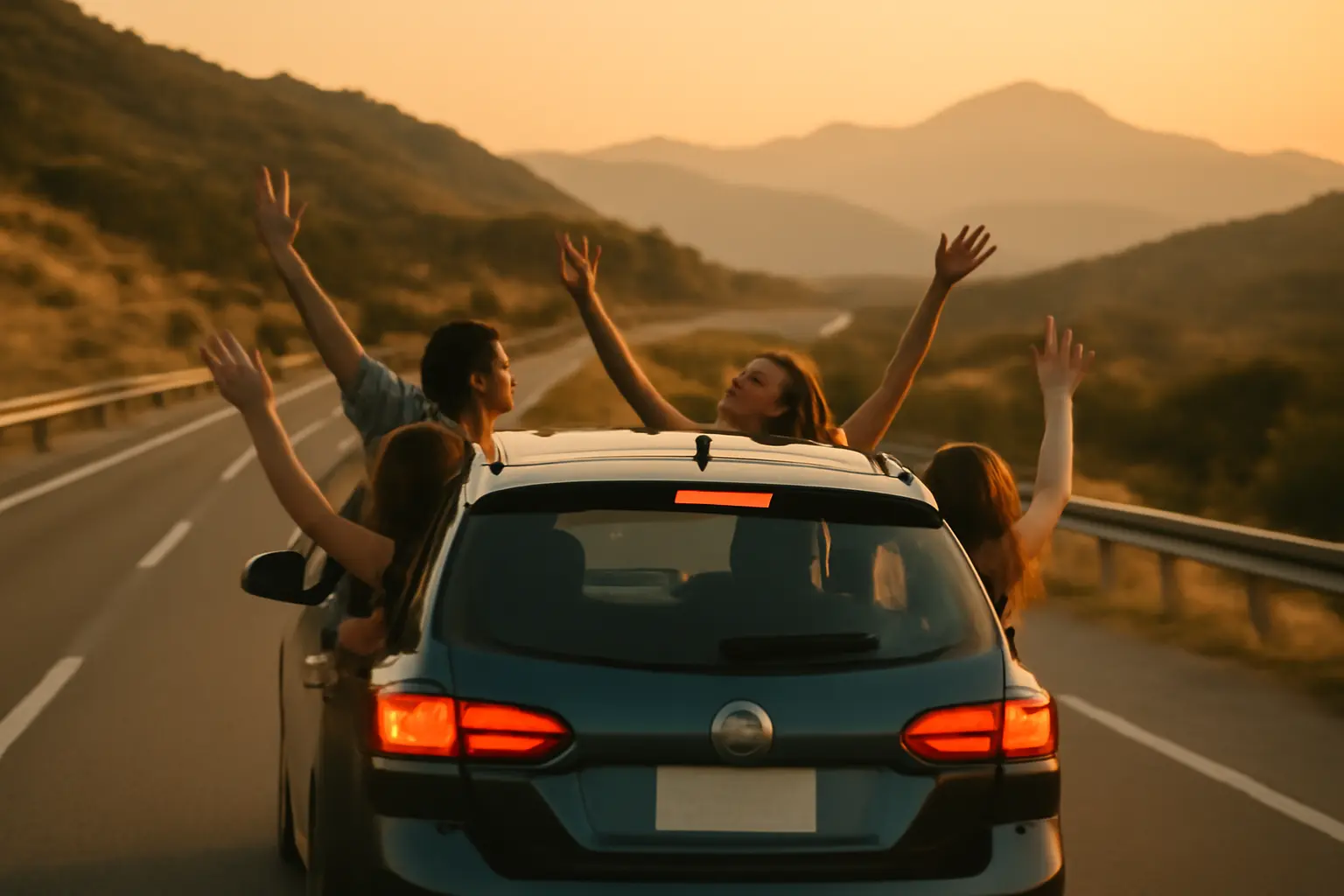 Friends driving along a highway at sunset with arms out the windows during a road trip.
