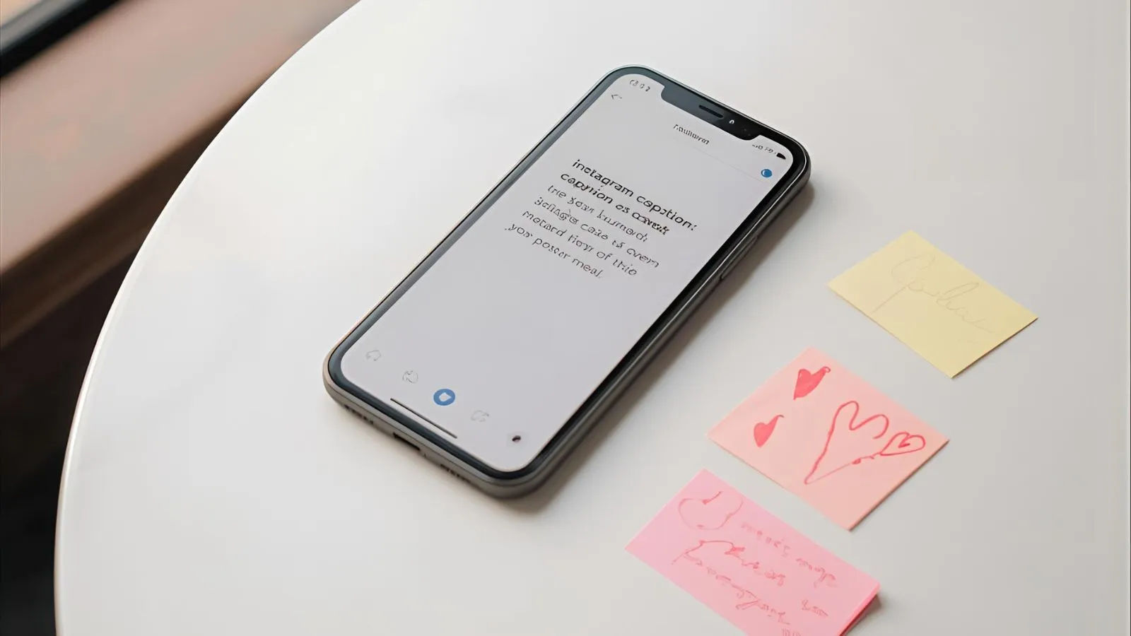 Phone with an Instagram caption draft beside small heart notes.