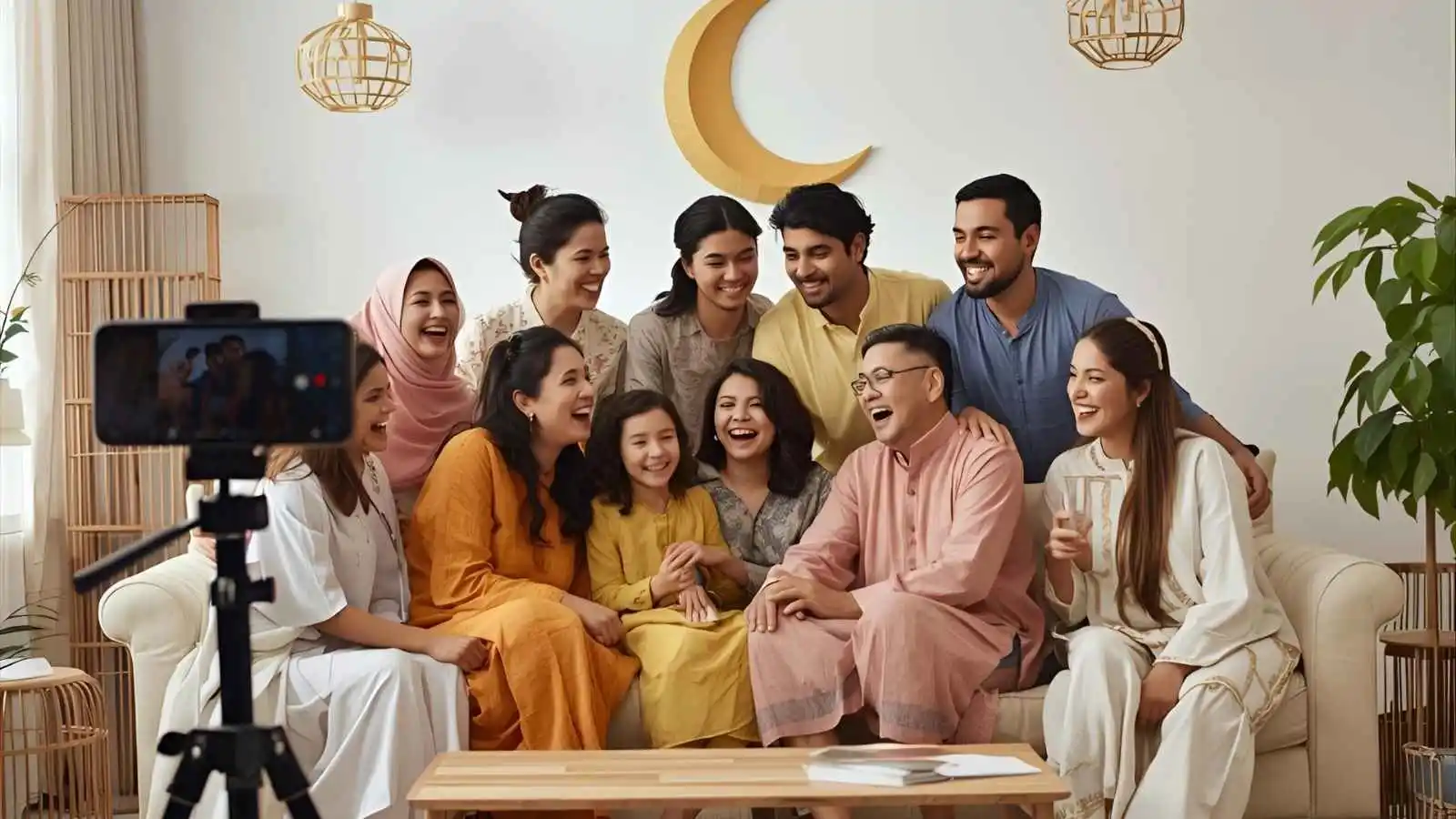 Multi-generational family in Eid outfits smiling for a group photo in a festive living room.
